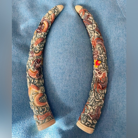 VTG Chinese Scene Carved Resin Tusk Faux Scrimshaw Dragons Colorful stamped main image 4